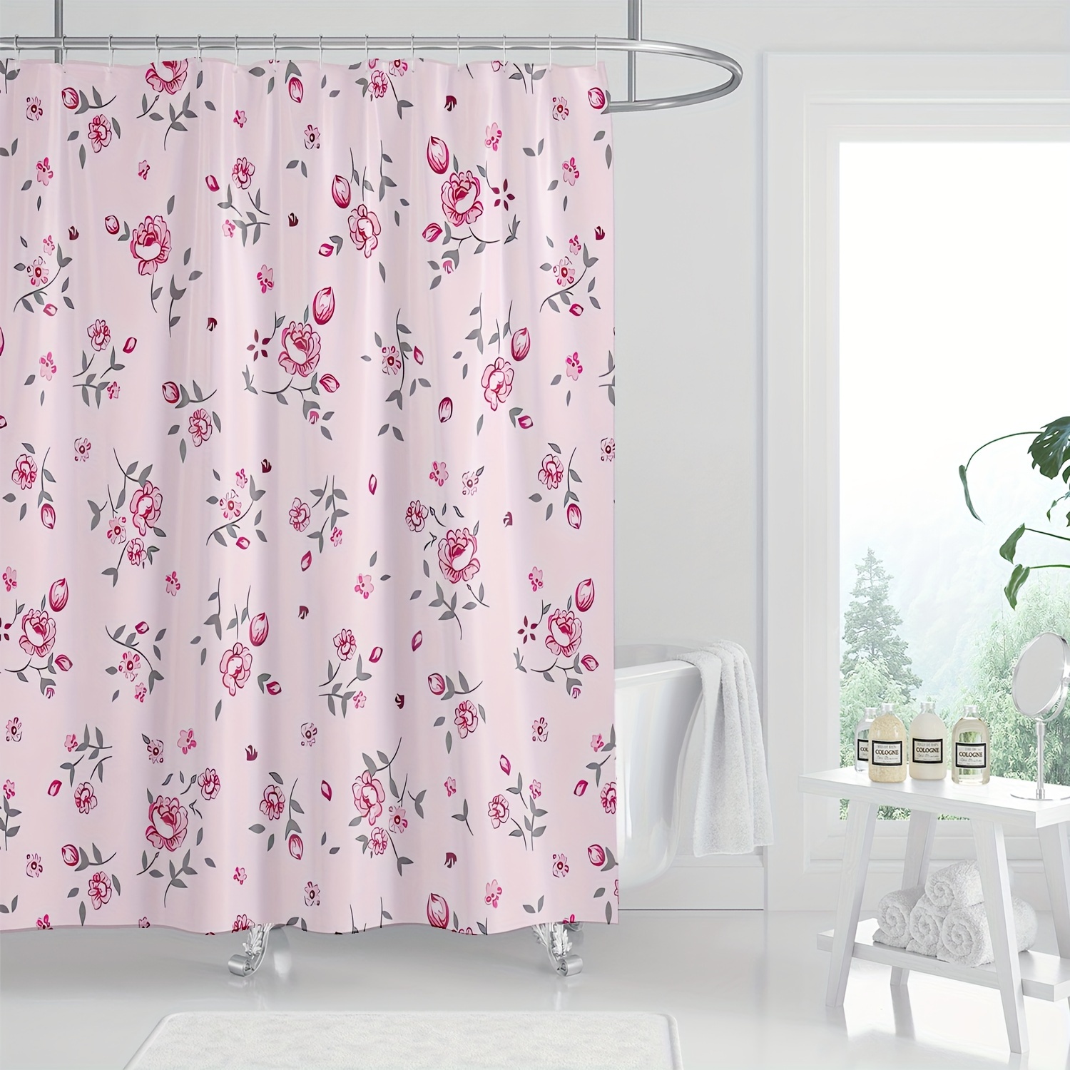 

1pc Romantic Pink Rose Pattern Shower Curtain, Waterproof Shower Curtain With Hooks, Bathroom Partition, Bathroom Accessories, Home Decor