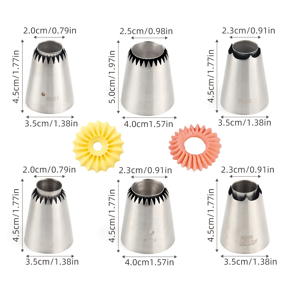 TEMU Set Of 6 Stainless Steel Piping Tips For Cake Decorating, Including Hollow Ring For Cookie Piping
