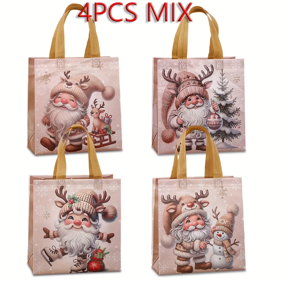 TEMU Regalo /Lui 4 pezzi Borse regalo tote stampate in stile vintage a tema natalizio in tessuto non tessuto, per lo shopping il meraviglioso mondo