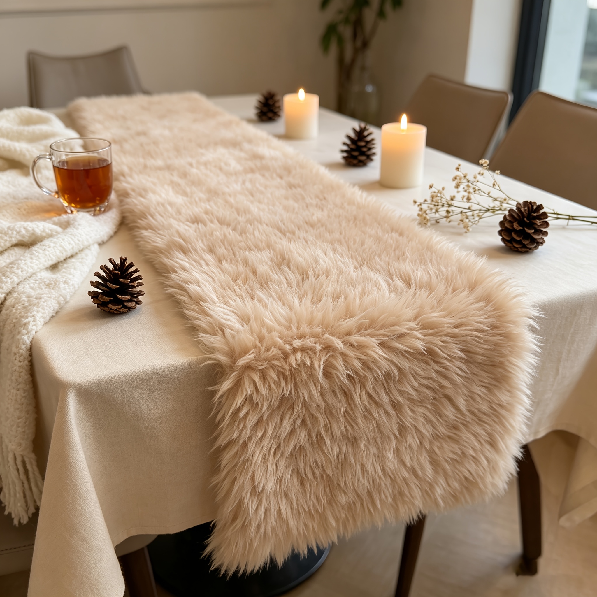 TEMU 1pc White Faux Fur Table Runner Suitable For Nordic Winter Decor, Plush Bedside Mantle Tablecloth, Rectangular Fireplace Runner For Christmas