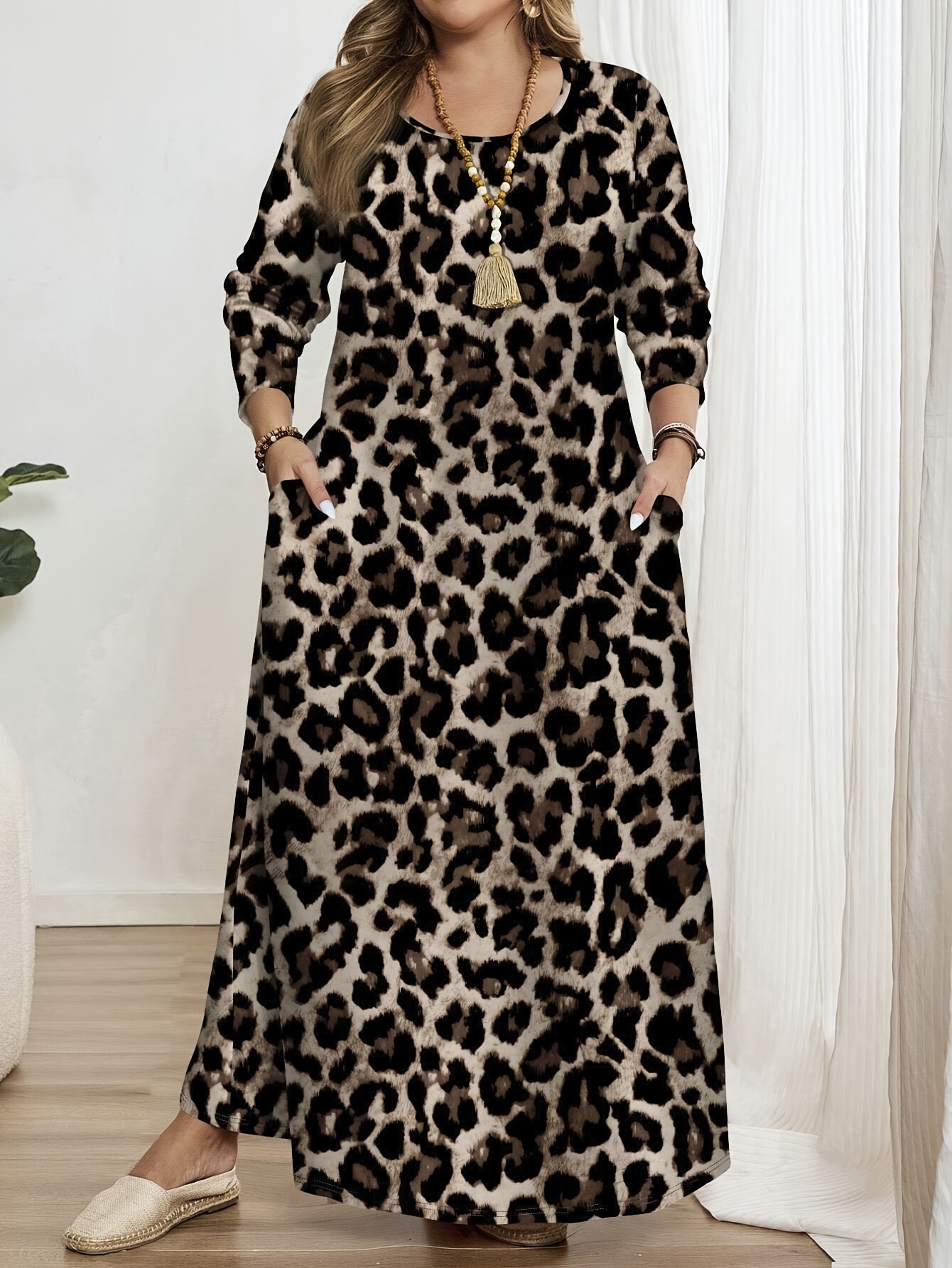 plus size elegant leopard print maxi dress women crew neck Temu