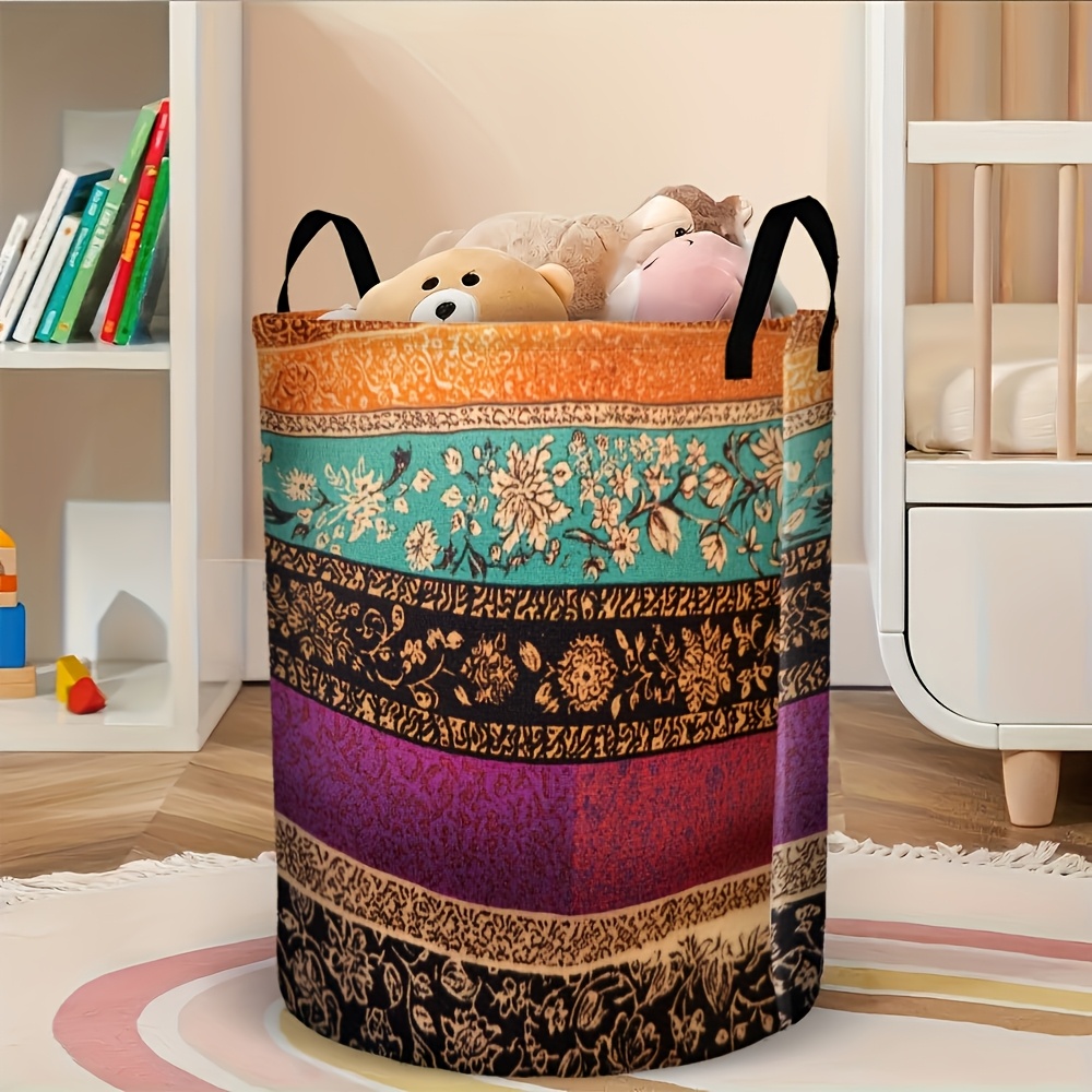 TEMU 1pc Laundry Basket, Bohemian Style 2d Flat Print Round Foldable Hamper With Handles, Space Saving Portable Storage Organizer For Room Dorm,