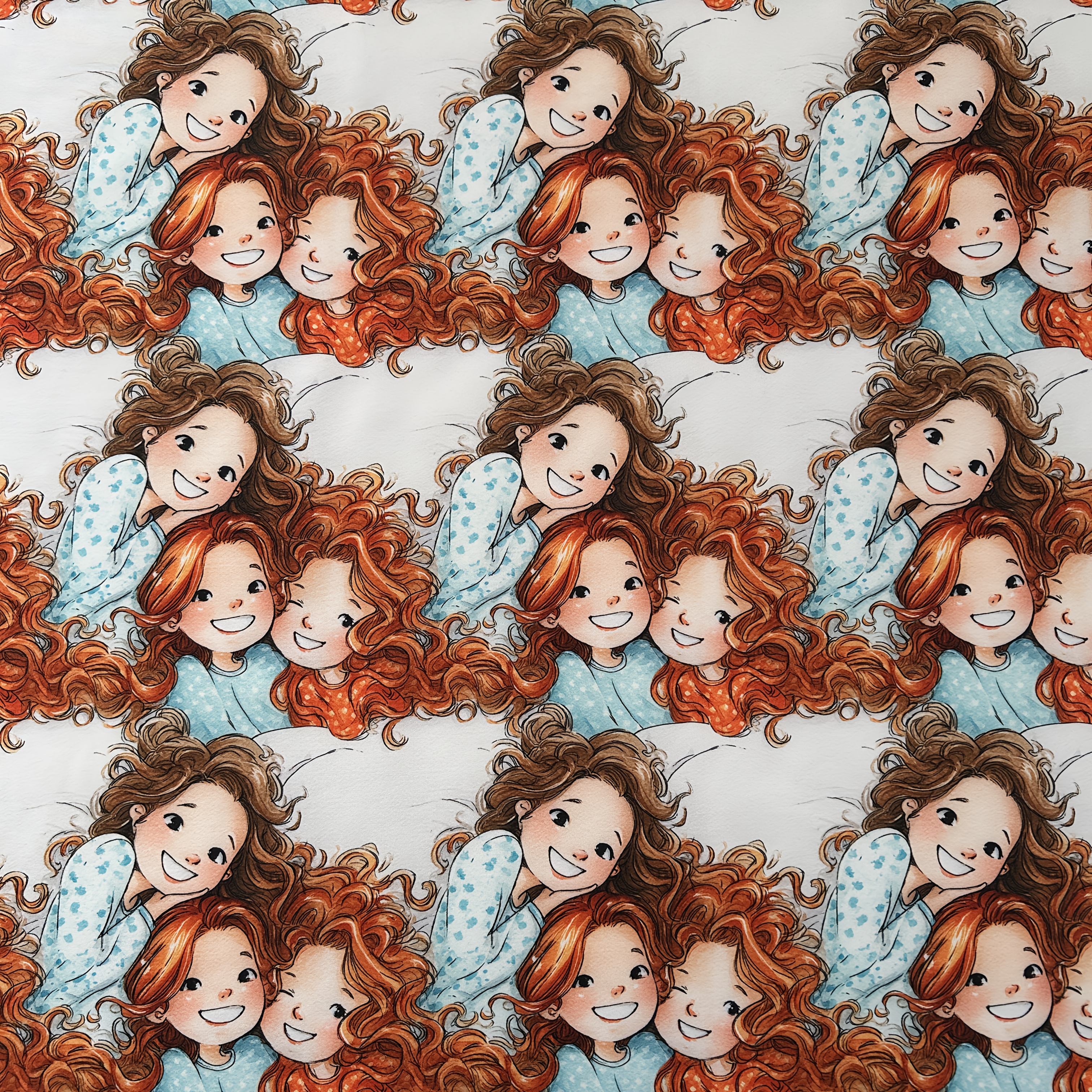 TEMU 1pc Creative Sisters Printed Fabric, Light Bottom: Red Hair/brown Hair Girls And White Pajamas, Smiling , Conveying Intimate Atmosphere, White