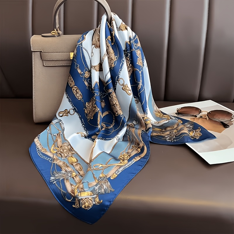 TEMU Pañuelo de 1 pieza estilo de lujo vintage en azul , con una base de color azul complementada por exquisitos patrones como cadenas doradas y