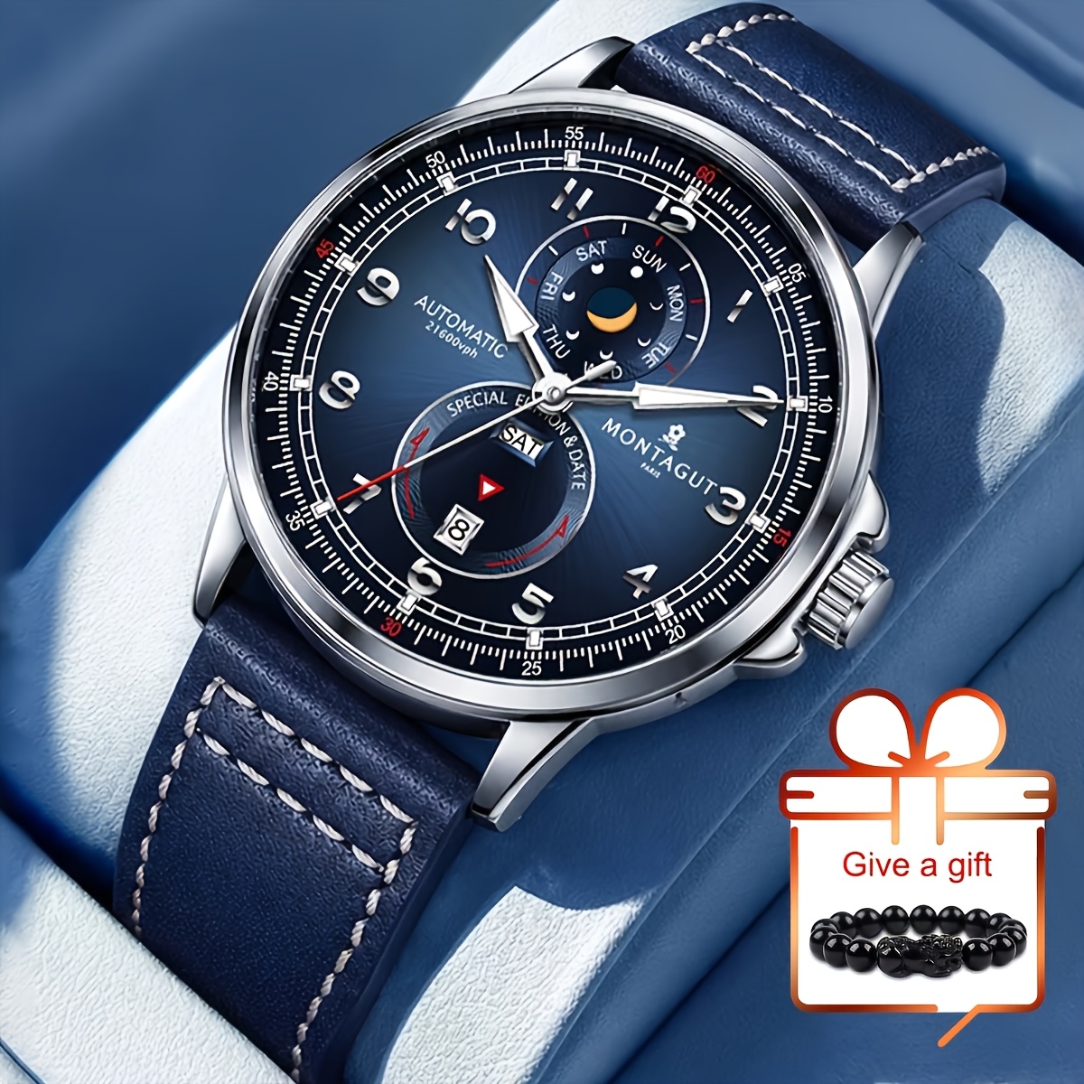 Image of 1pc High-end Luxury Men's Mechanical Watches - Night Sky Series With Luminous Moon And Star Display, Unisex Casual Sports Watch, Ideal Gift For Christmas, Birthday, Family Gatherings, And Parties