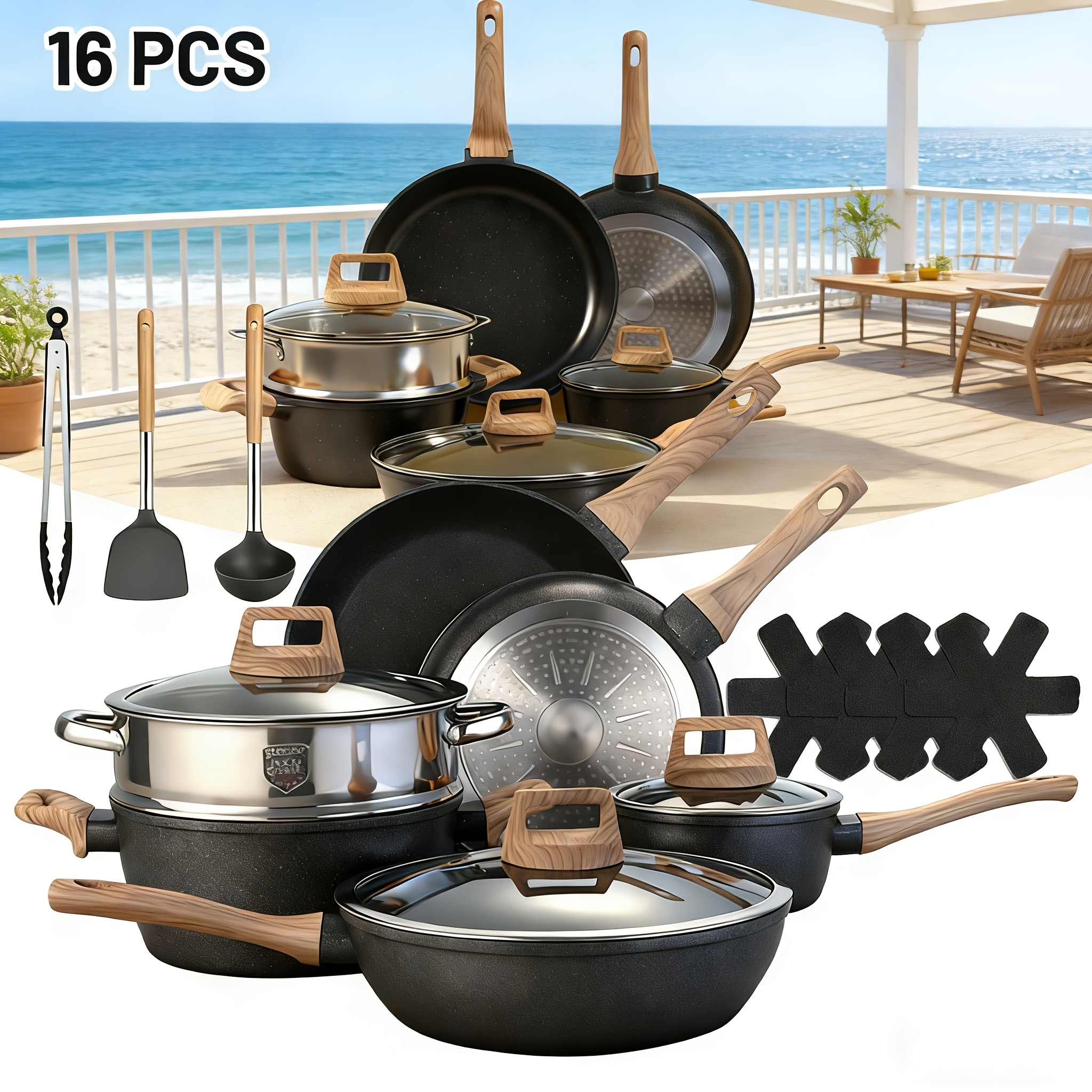 Image of 16-item Cooking Set With Removable Handles, Cookware, Safe For Dishwashers And Ovens, Ideal For Family Gatherings And Outdoor Entertaining