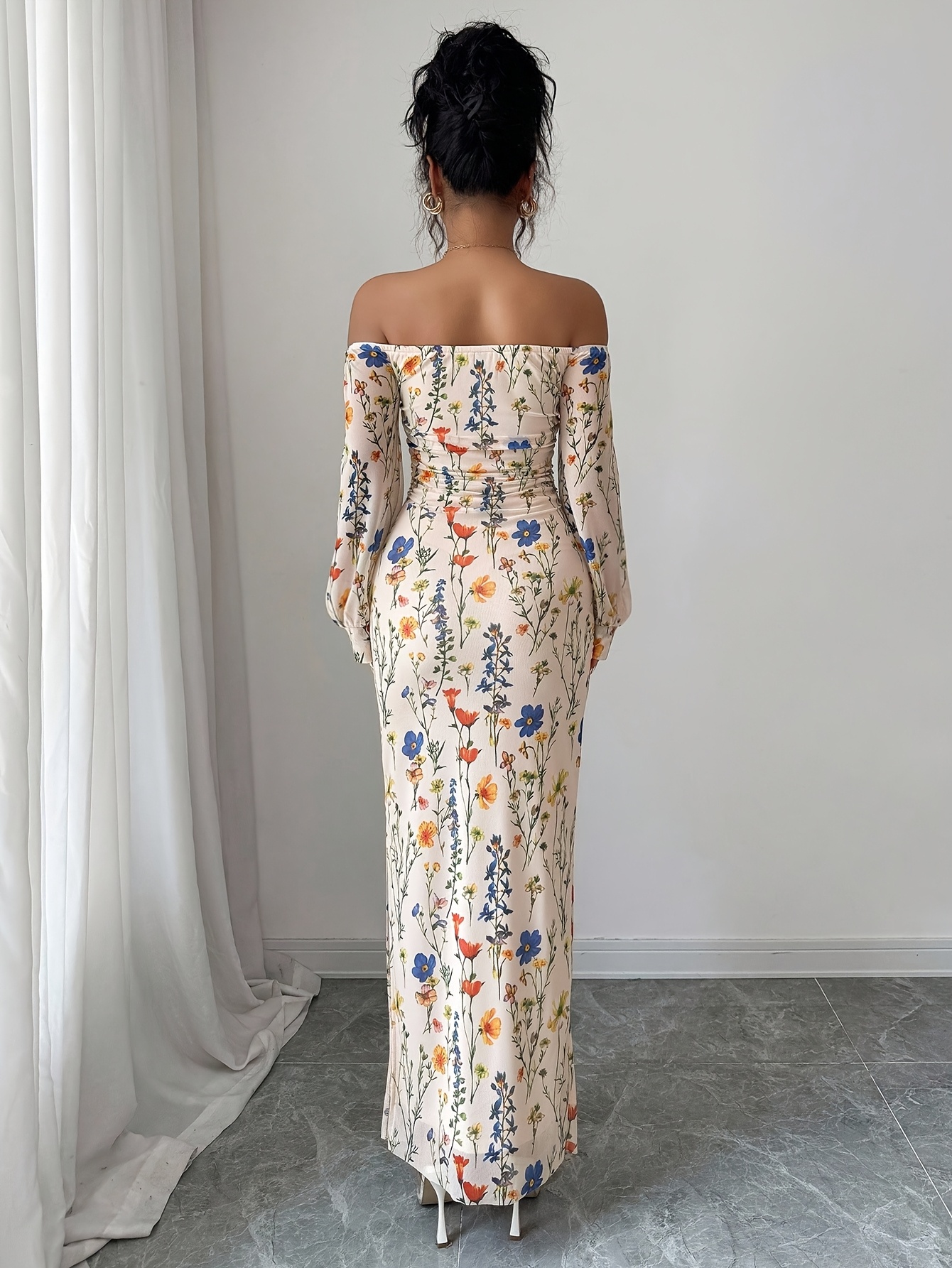 womens elegant shoulder floral branch print mesh elastic - Temu Oman