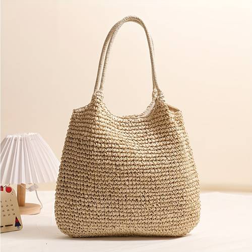1pc womens shoulder bag fashion versatile large capacity tote straw bag zipper closure and pouch design casual solid bag suitable for beach vacation sunbathing outdoor travel camping daily shopping wallet storage bag