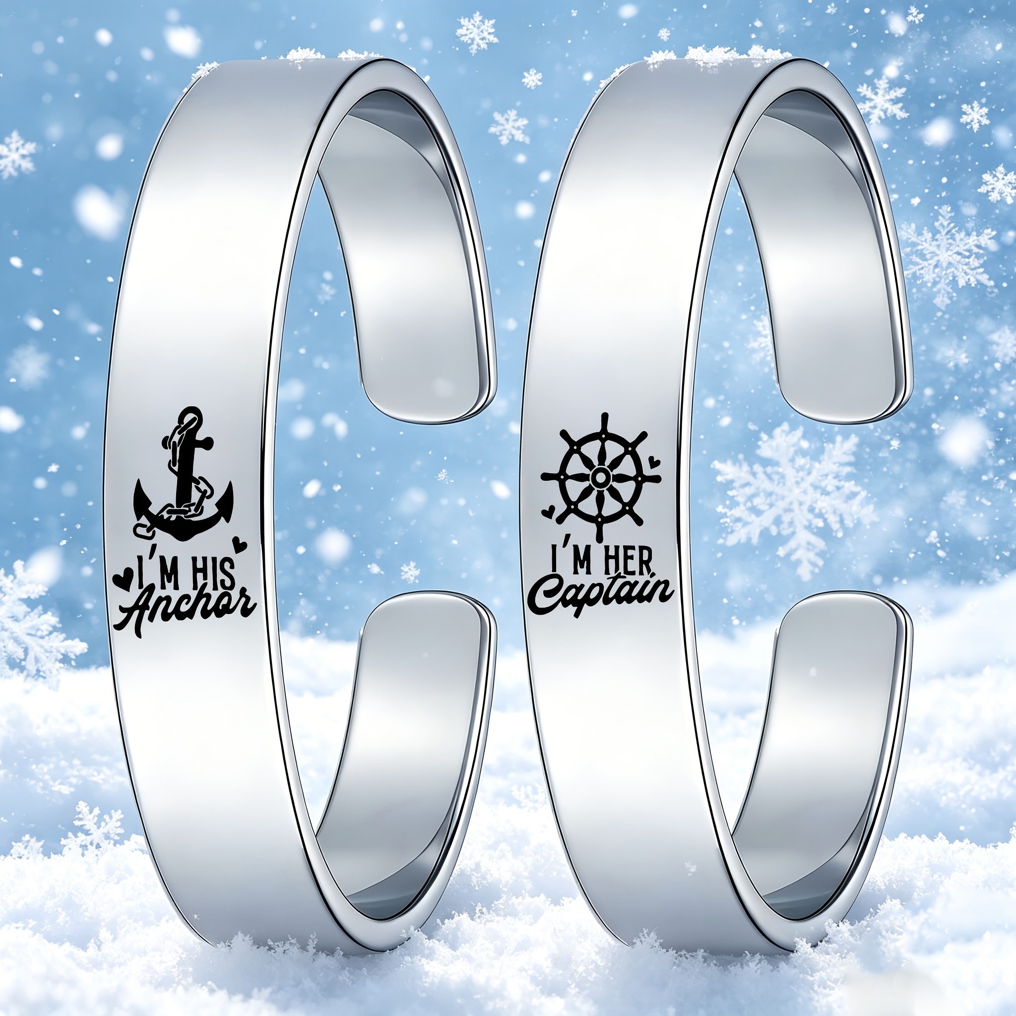 Couple's Anchor & Rudder Open Bangle Bracelet Set in Stainless Steel