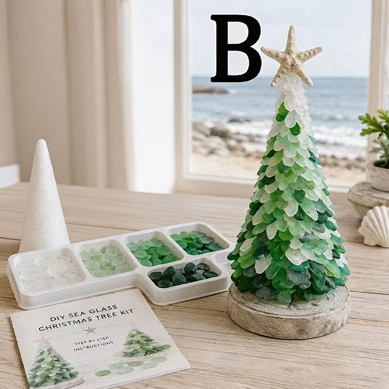 TEMU Sea Glass Christmas Tree Kit Blue Gradient Mini Christmas Tree Handcrafted Table Centerpiece Ideal For Christmas, New Year, Home Decor, Coastal
