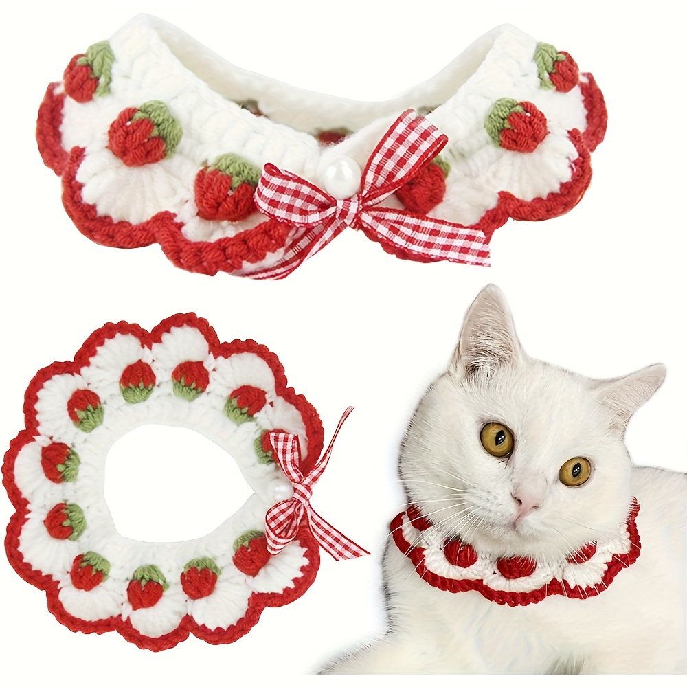 

[quality Handmade] Handmade Breakaway Cat Collar With Strawberry Pattern & Bow Tie - Soft, Hypoallergenic Polyester, Comfortable For Kitties & Small Puppies, Kitten Collar