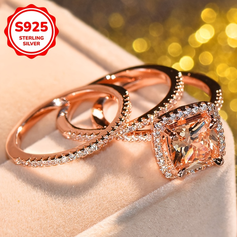 Image of 3pcs Set S925 925 Silvery Plated Classic Temperament Inlaid Synthetic Square Ring, Suitable For Men And Women Wedding Romantic Proposal Ring Stacking Ring Valentine's Day Gift About 9.8 Grams