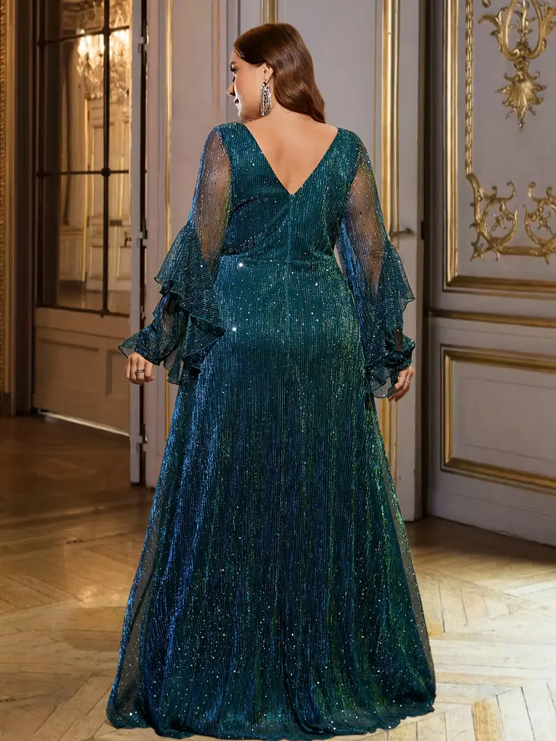 elegant plus size long sleeve gown v neck ruffle detail - Temu United Arab Emirates elegant plus size long sleeve gown v neck ruffle detail - Temu United Arab Emirates