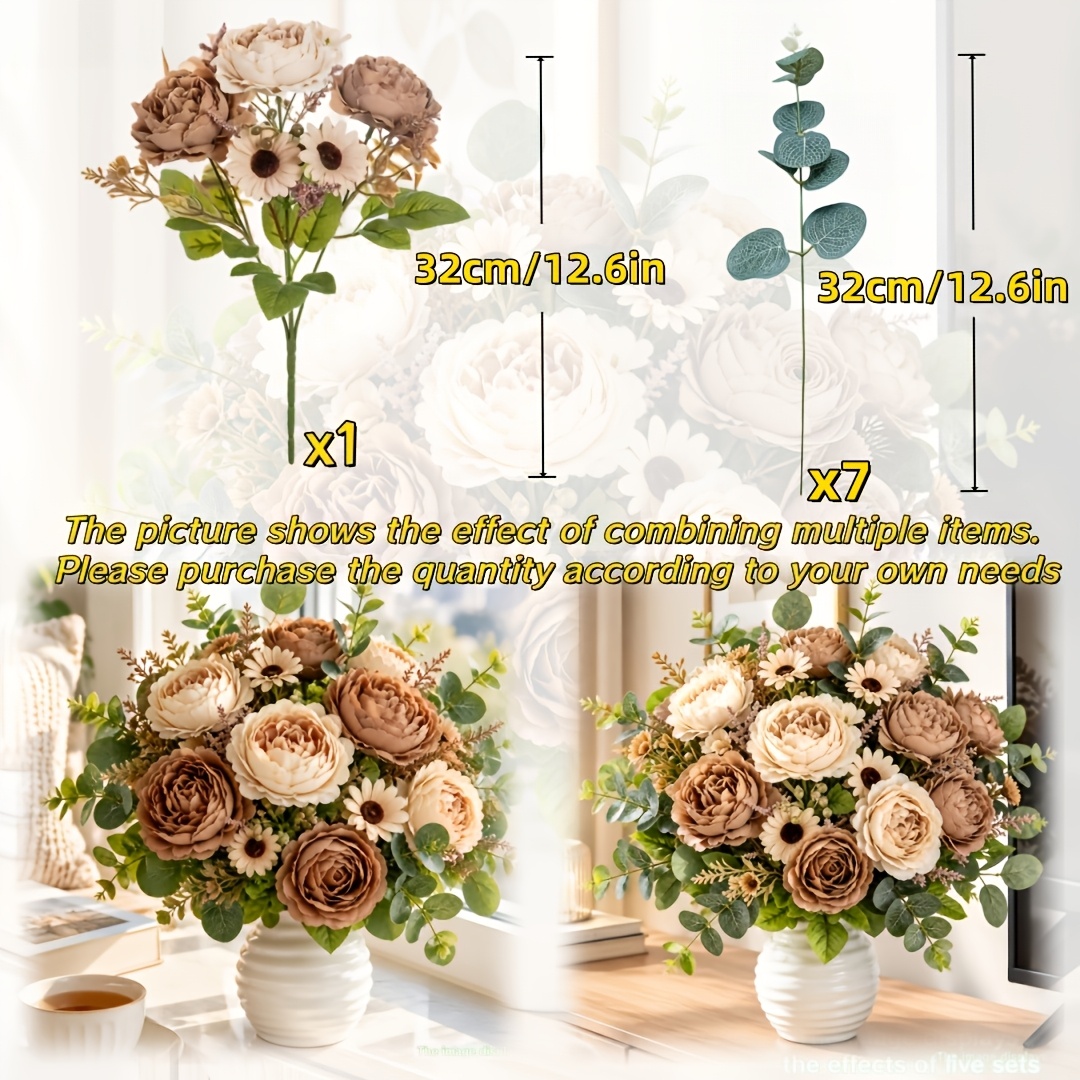 TEMU 8pcs Artificial Faux Flower Set, Including 1 Brown Peony Bouquet And 7 Eucalyptus Stems. This Warm- Collection Is Ideal For Living Room Decor,