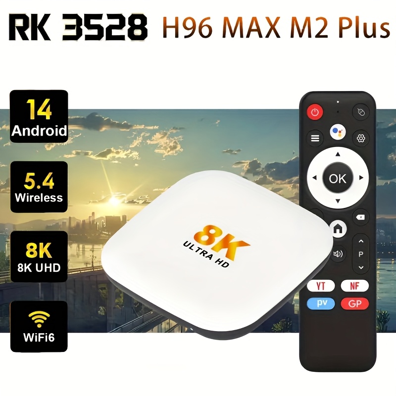 H96 MAX M2 Plus Smart TV Box - Android 14.0, CPU Quad-Core RK3528, Salida 8K Ultra HD, Compatible con 4K@60fps, WiFi6 & BT5.4, con Control Remoto, Puertos USB2.0, Reproductor Multimedia HDR10, Enchufe EU, Entretenimiento en el Hogar