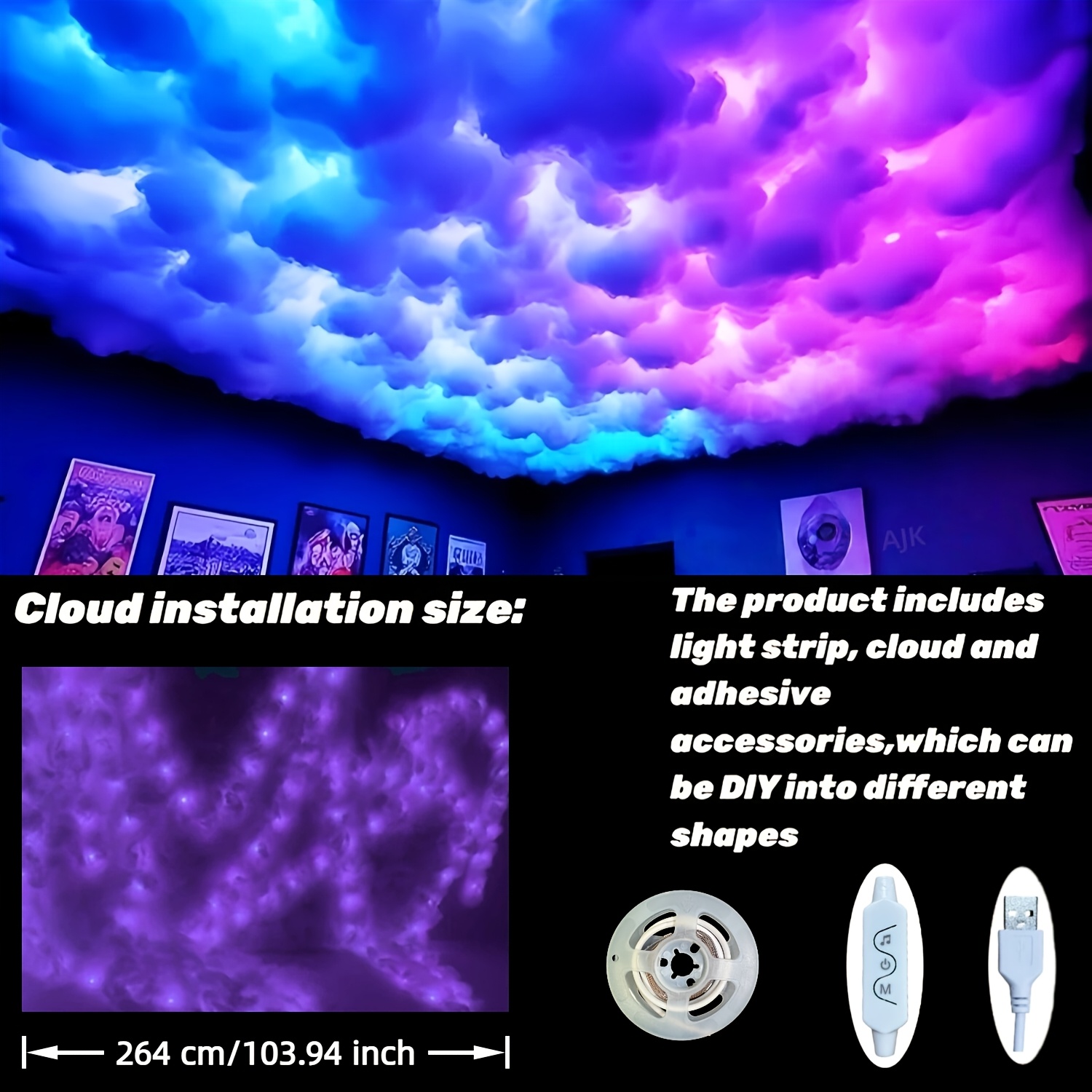 TEMU 2.64m 3d Thunder Cloud Led Light Diy Set With Music Sync, Rgb Multicolor Changing Strip Lights Usb Powered, Wall/ceiling Mount, Bedroom, Gaming