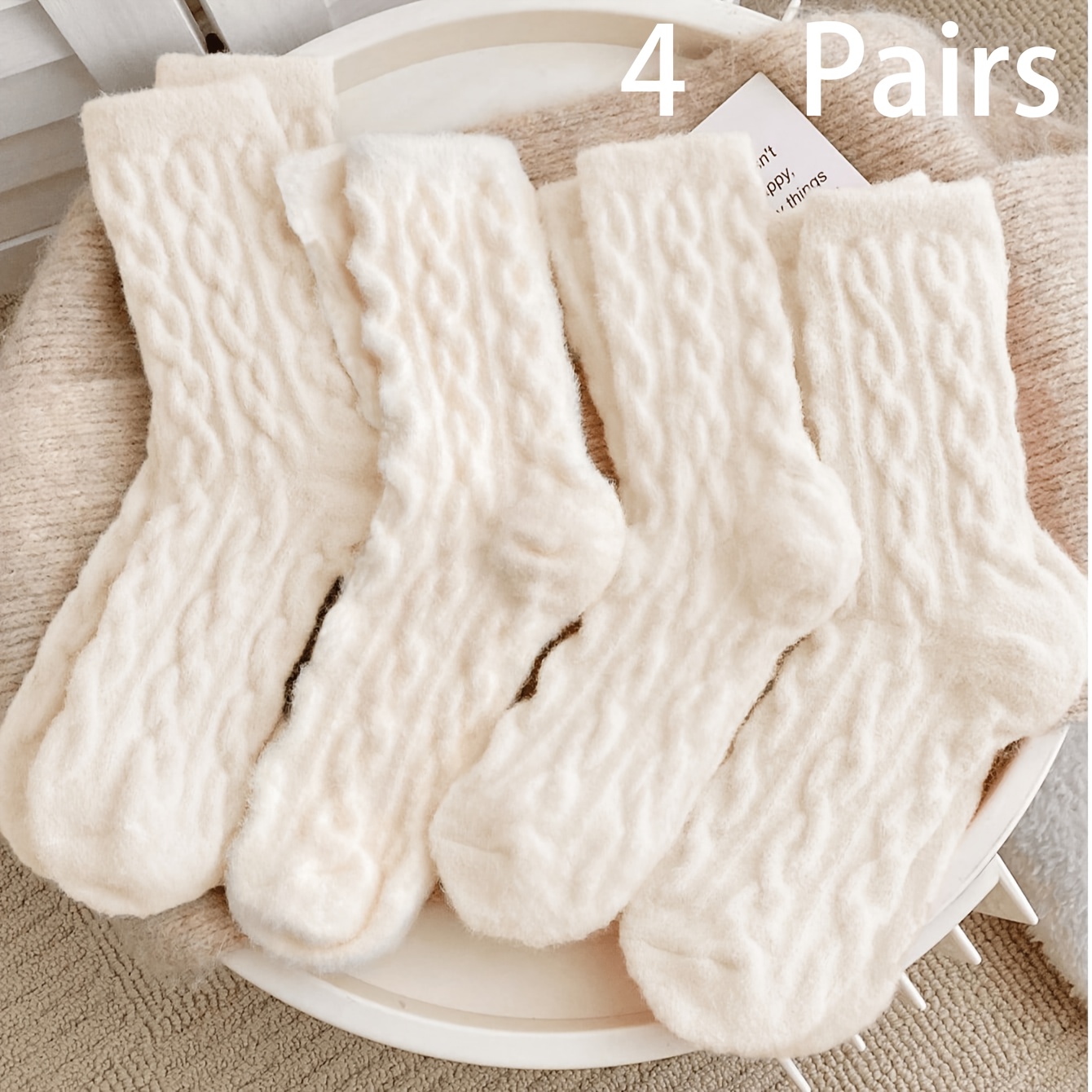 TEMU 4 Paar Damen Hausschuhsocken in einfarbig, verdickt, weich, warm, wadenhoch, Freizeit-Langsocken, Damensocken, Herbst/Winter