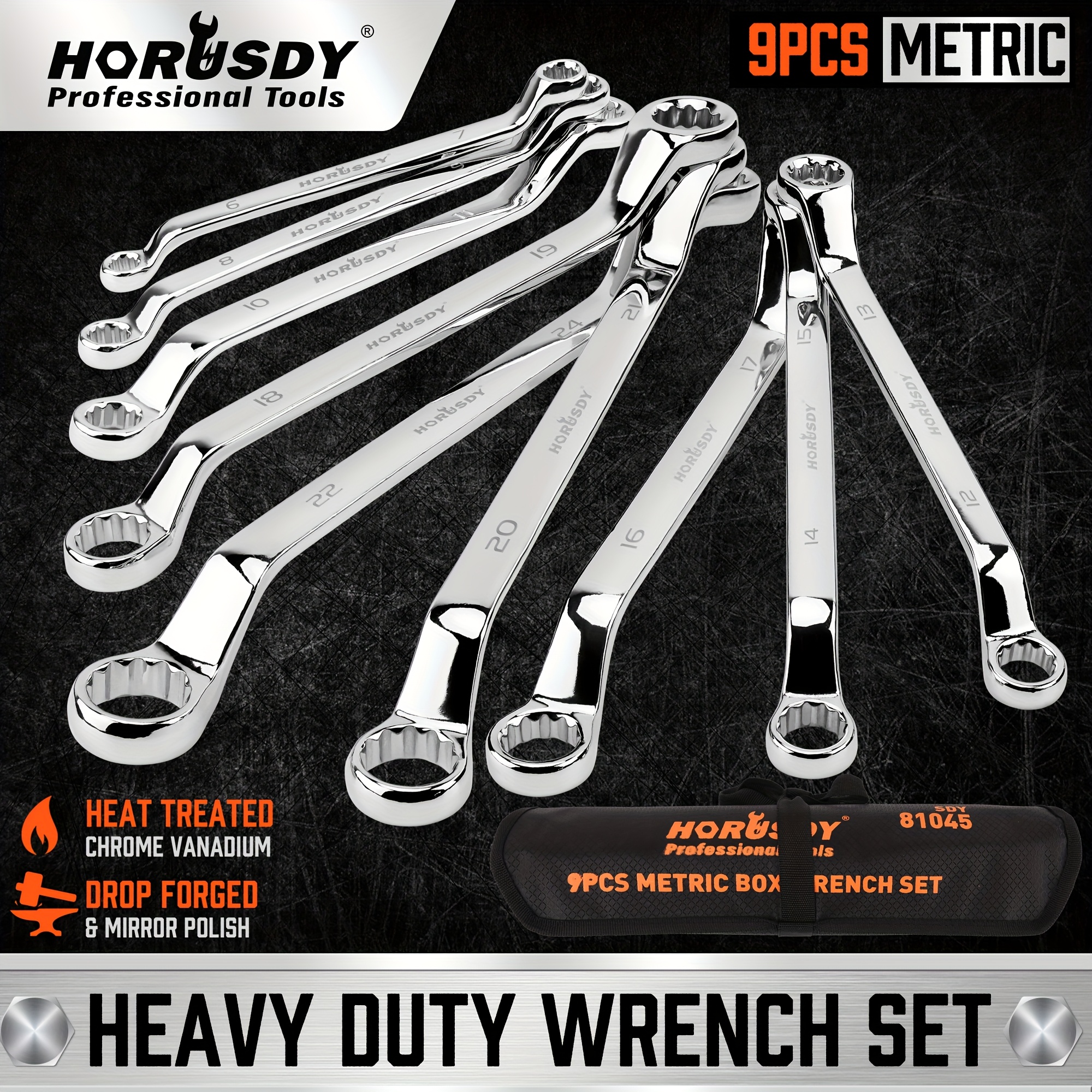 TEMU 9pcs Metric Offset Box Wrench Set With Rolling Pouch, 75-degree, Metric 6-24mm
