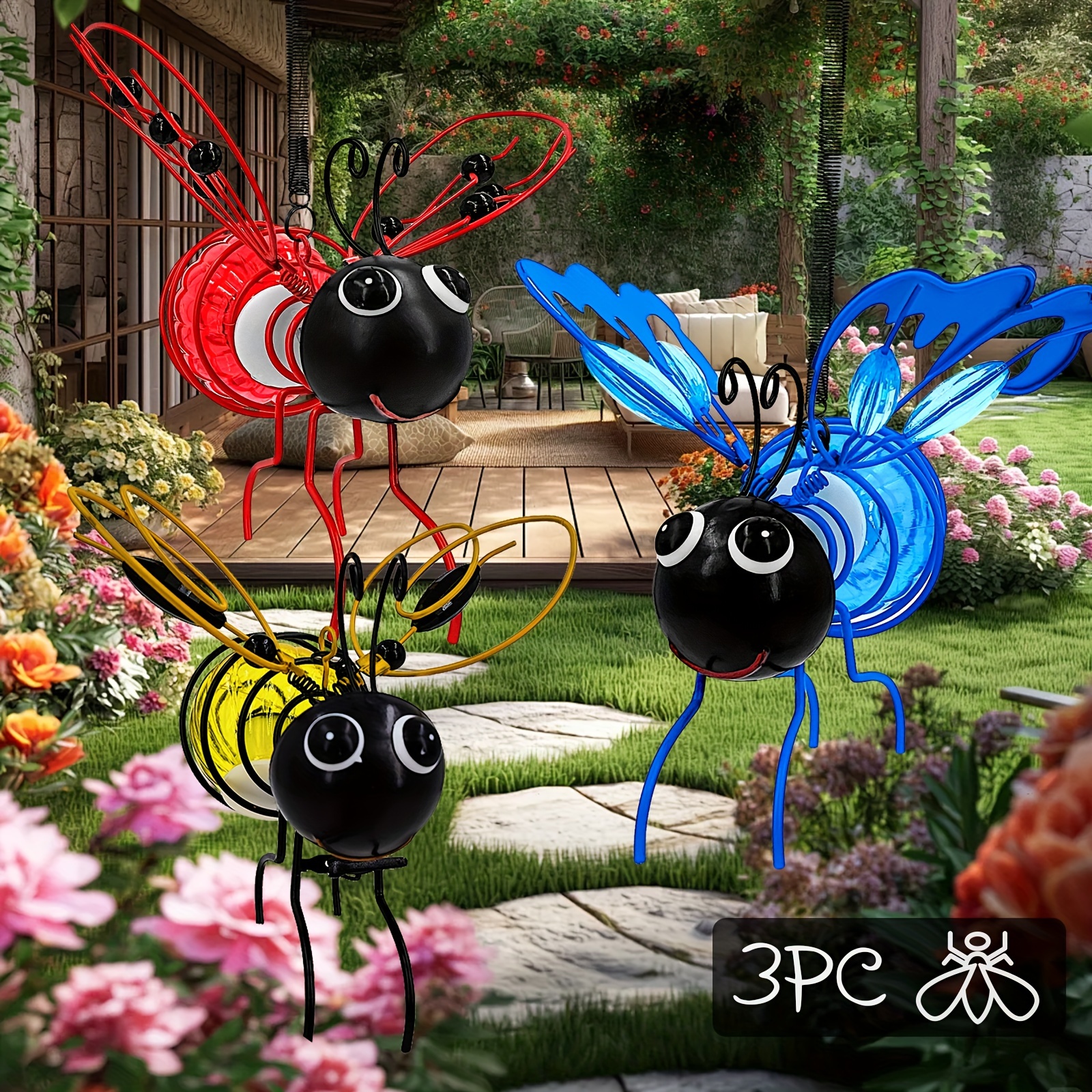 

3pc Bee Decor Hanging Solar Lights Metal Ladybug Light Decor (red+yellow+blue)