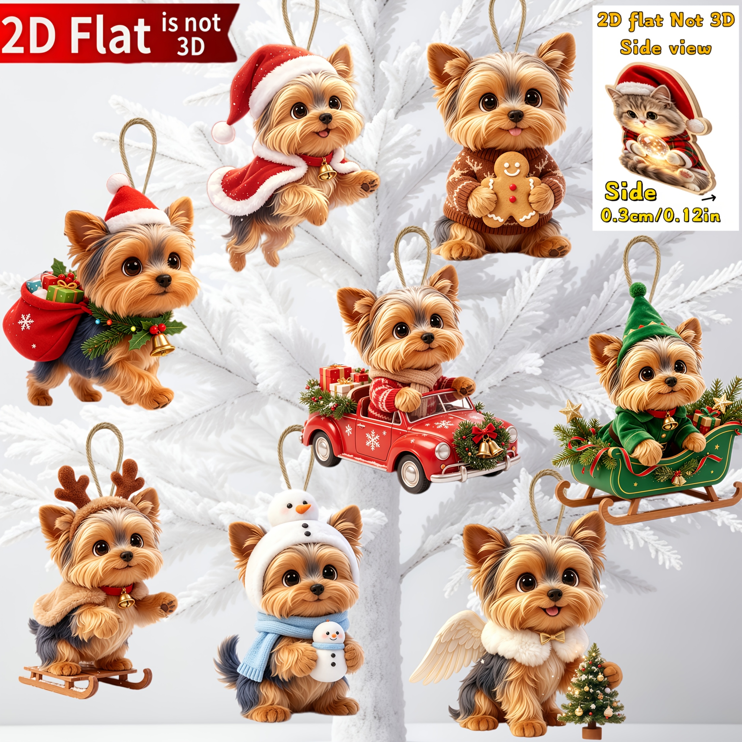 TEMU 2d Flat, 8pcs Cute Christmas Yorkshire Terrier, Christmas Wooden Hanging Ornaments, Pendants, Suitable For Tree Display, Mini Holiday Cottage