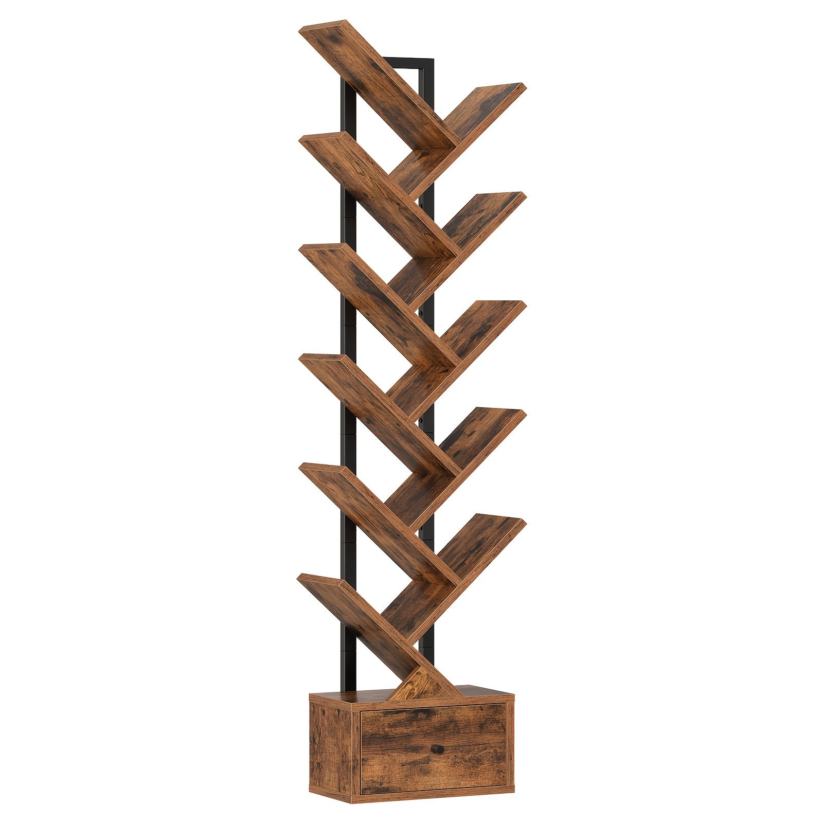Image of Vertical Tree Display Shelf With Storage Drawer, 10-tier Freestanding Tree-shaped Storage Rack, Narrow Corner Wooden Organizer Shelf For Books Plants Decor Home Office, Standing Shelf, Standing Shelf