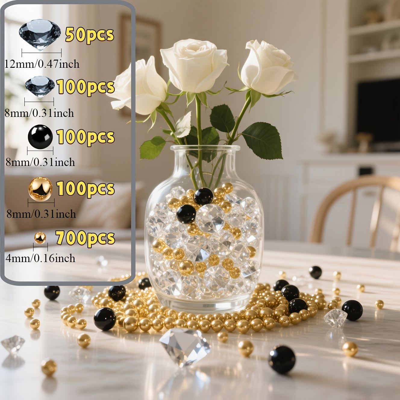 E-shop 1050 Stück Kunst-Diamanten & Perlen - Glitzernde Kunstperlen für Vasenfüllungen, Hochzeits- Weihnachtsdekoration - 1050 Perlen geeignet für