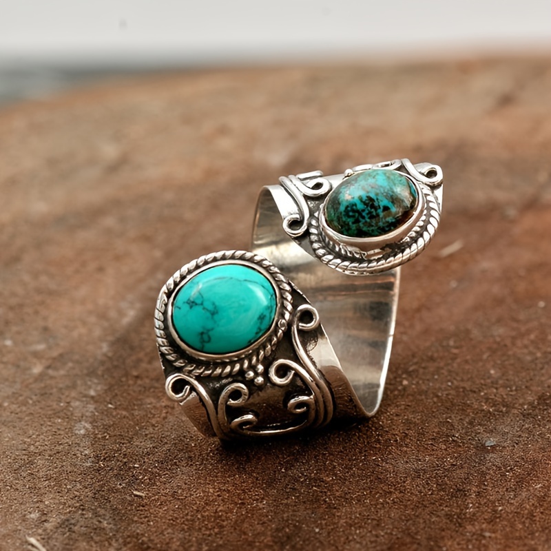 

Bohemian Daily Wear Fashion Jewelry With Adjustable Opening, Featuring Creative Turquoise Inlay And Vintage Floral Pattern Carving On A Ring.