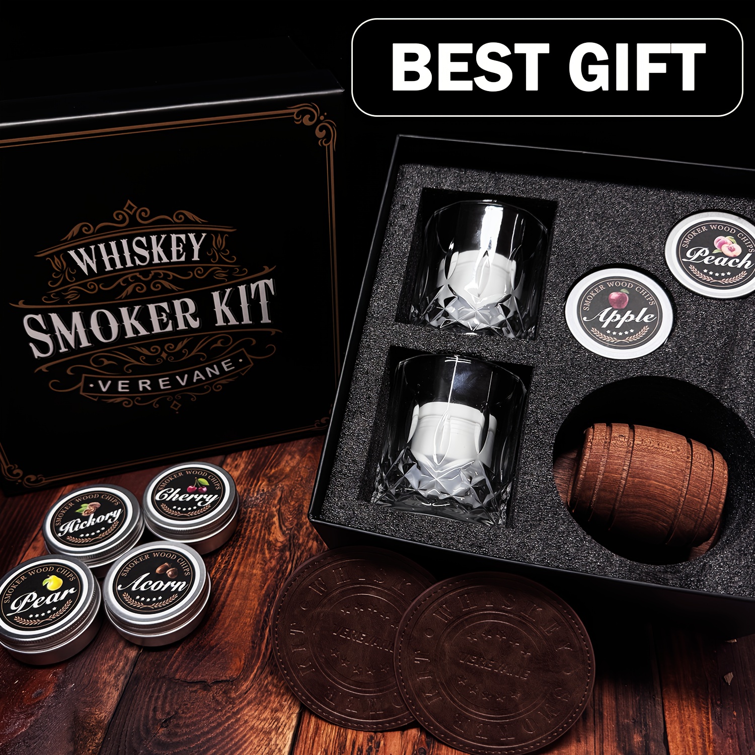 Whiskey Smoker Gift Set – 2 Ice Ball Makers, 6 Wood Chip Flavors, 2 Glasses, Complete Bar Accessory Kit For Men