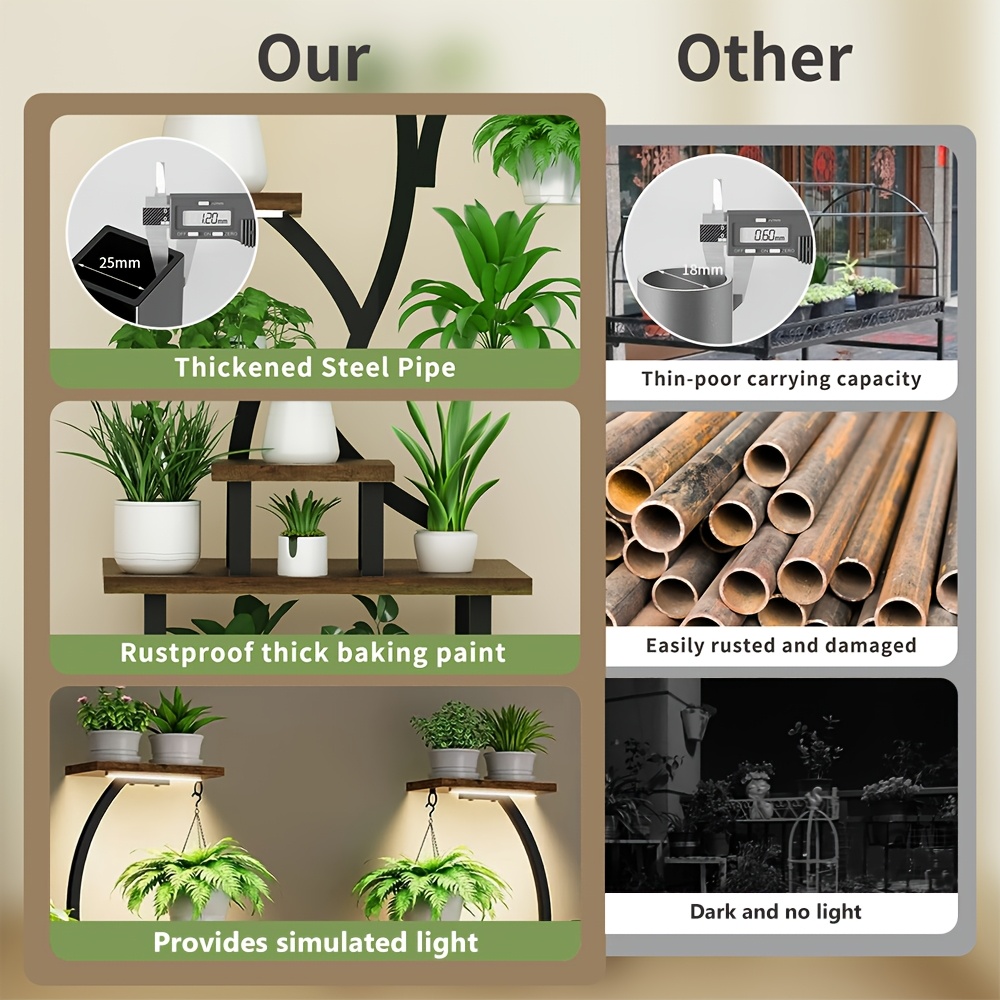 [Multi-Functional Plant Stand] 8 Tier 60'' Multi-Functional Metal Plant Stand With Grow Lights | 1pc Indoor Display Stand For Multiple Plants, Irregular Shape Planter For Patio, Living Room, Study, Bedroom - Good Gift For Plant Lovers