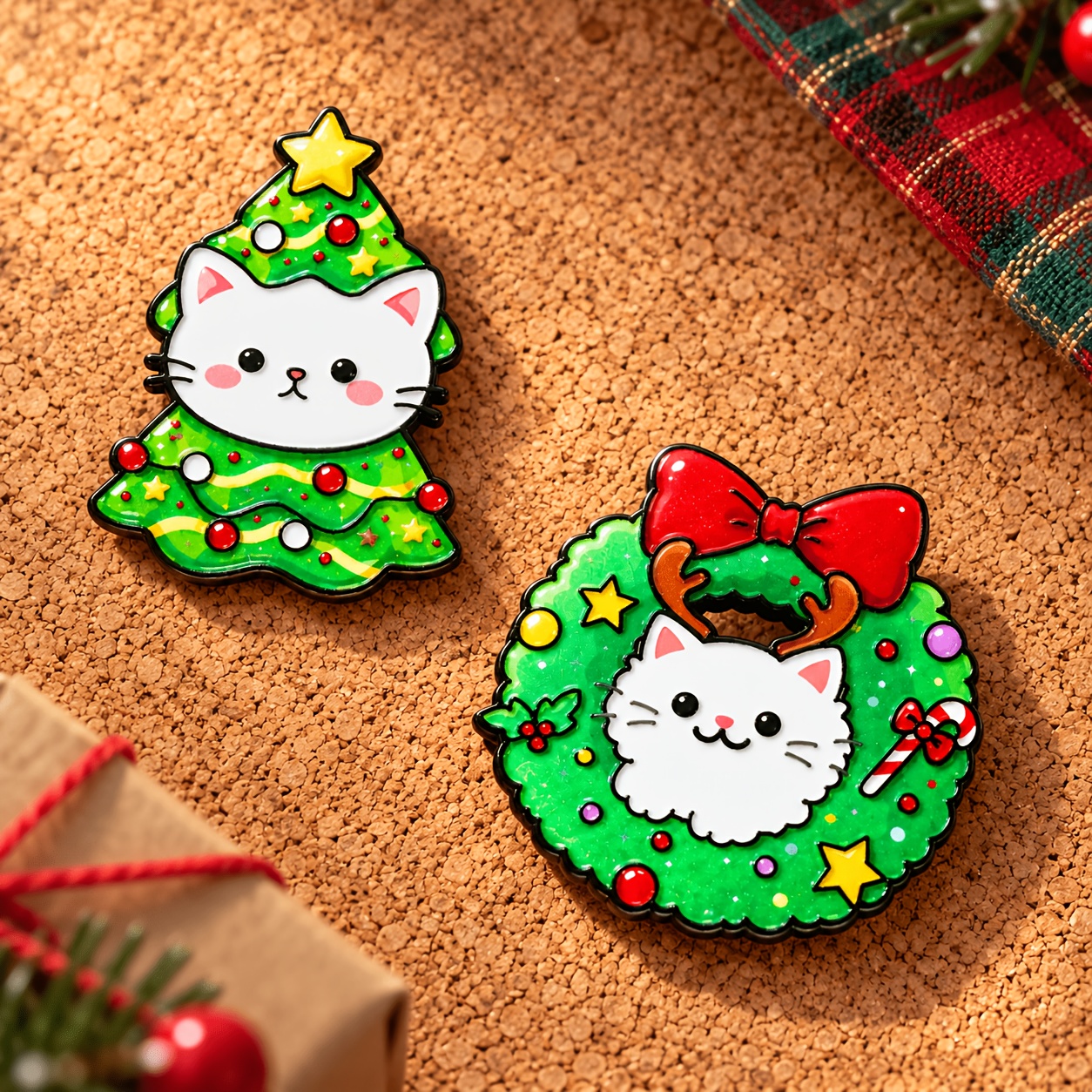 TEMU 2pcs Solevdo Enamel Lapel Pins Suitable For Christmas - Suitable For Jackets & Backpacks, Cute White Cat Brooches With Wreath & Tree Badge Pins,