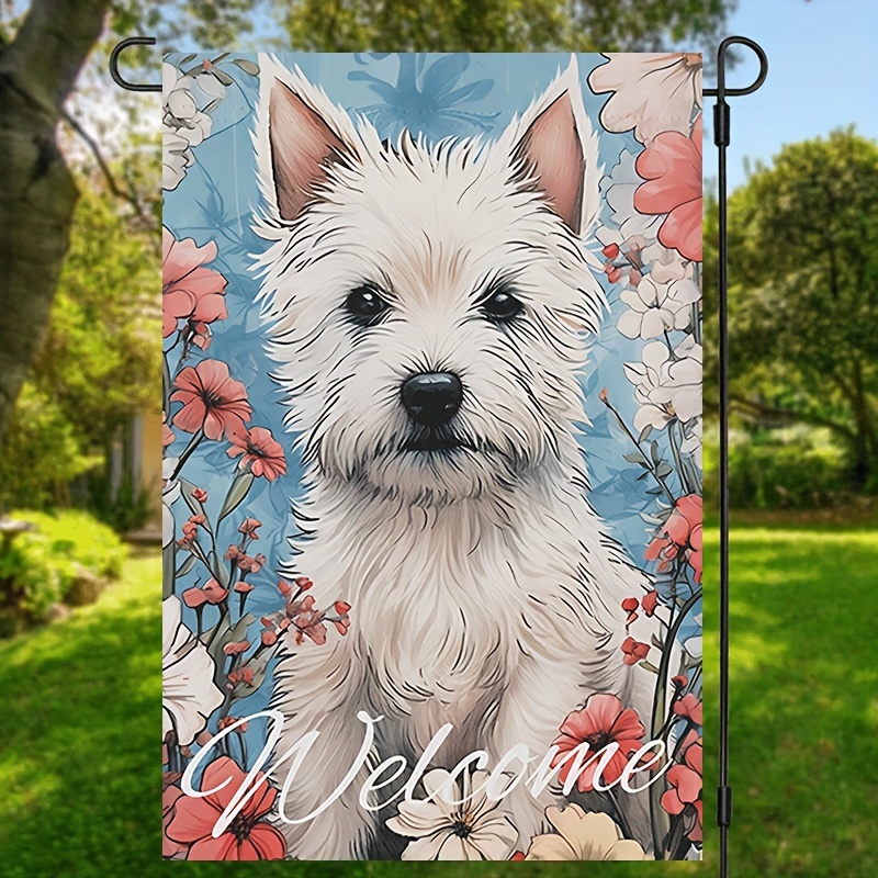 

1pc, West Highland White Terrier Welcome Garden Flag, Cute Westie Terrier Dog Print Small Yard Flag, Porch Sign, Front Door Sign, Vertical Burlap House Flag, Double Sided Waterproof Flag 12*18inch