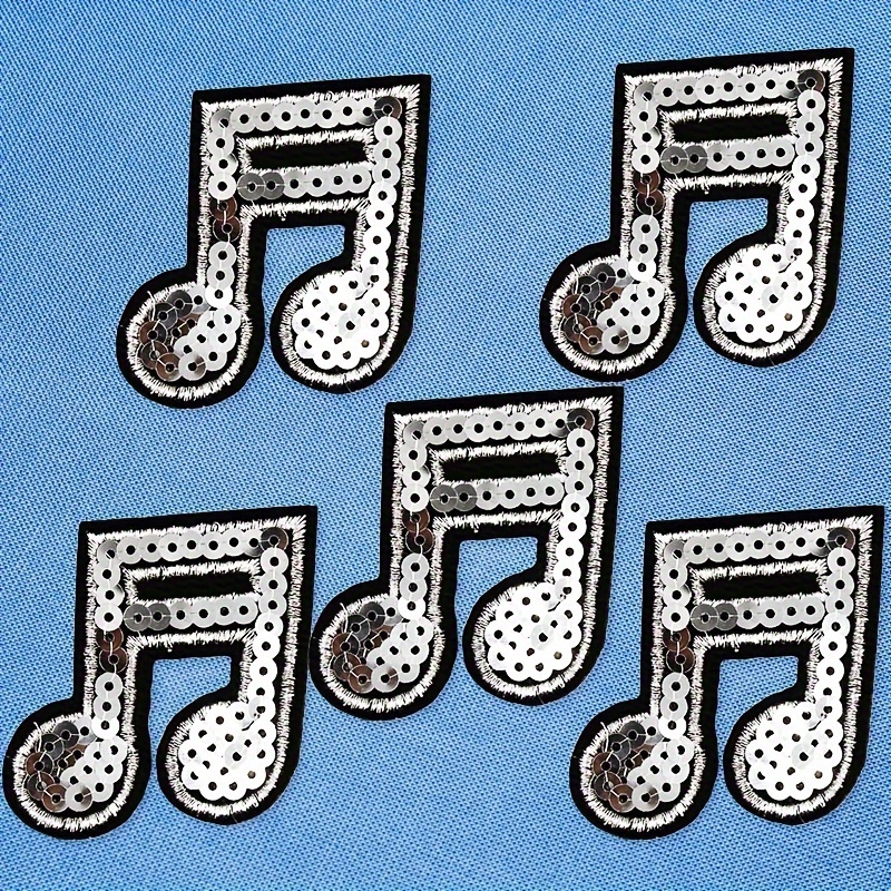 5pcs Sparkling Music Note Sequin Embroidery Fabric Patches, Iron-on Or Sewn Appliques Suitable For Diy Denim Jackets, Jeans, T-shirts And Backpacks, Diy Fashion Decorative Accessories