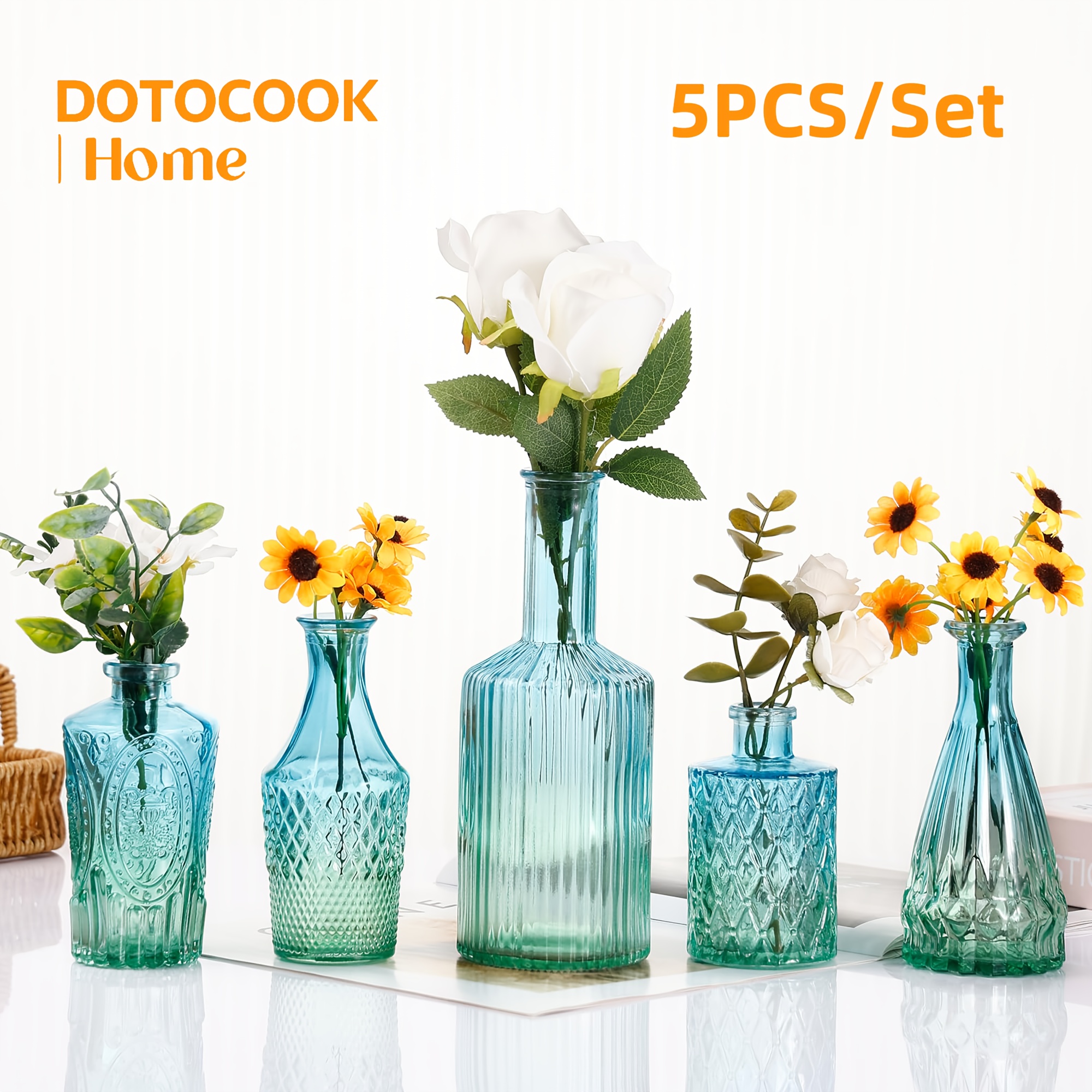 Image of 5pcs/set Glass Bud Vase - Flower Vase Set For Centerpieces, Vintage Vases For Home Decor, Rustic Wedding, Floral Arrangements, Blue And Green - Elegant And Durable