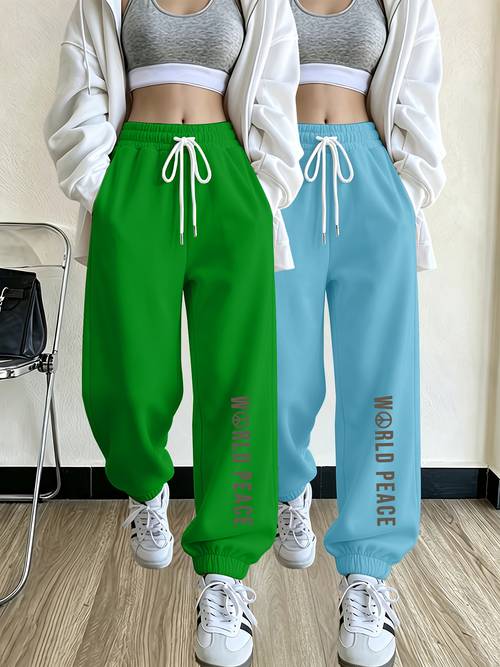 objektbild dam höst vinter nya mode casual elegant byxor set, världens med fredssymbol vertikalt bokstavsmönster, elegant dam -cinching sweatpants