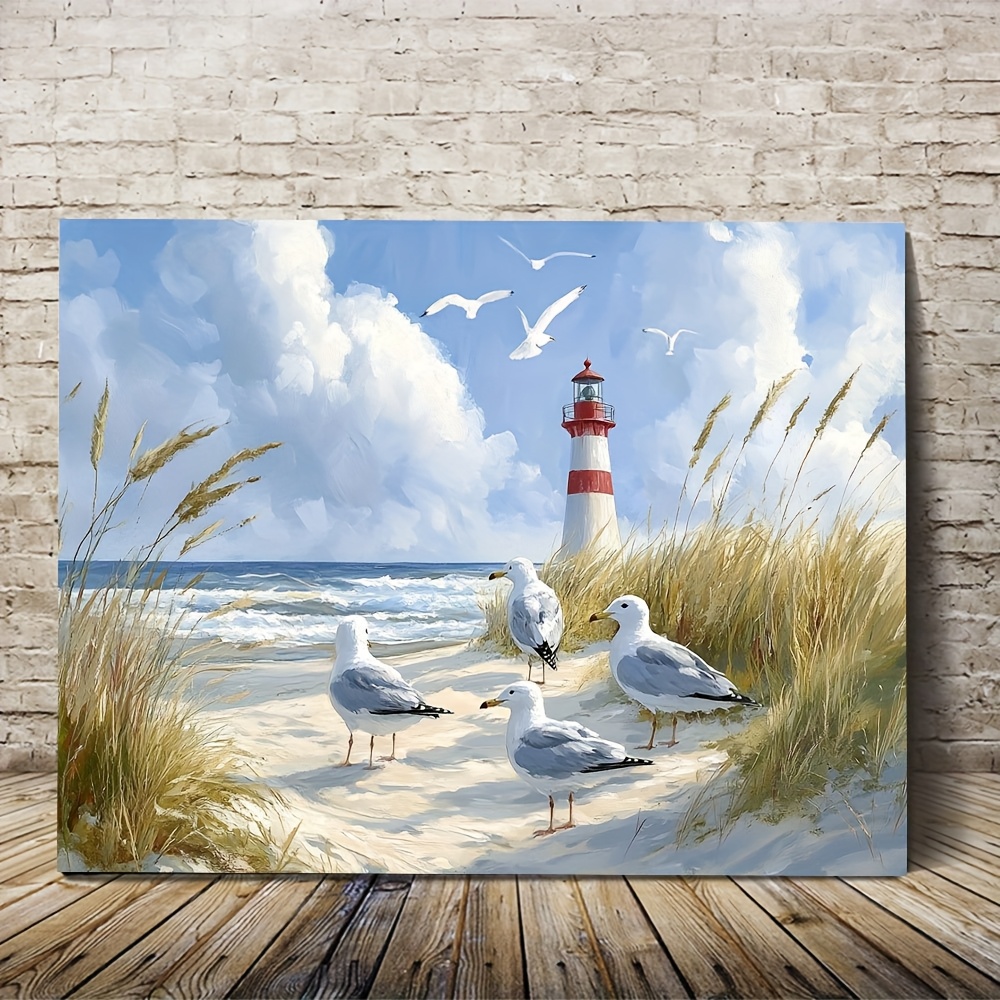 E-shop 2D Flach, 2D Flach, 2D 1 Stück Holzgerahmtes Leinwandbild, Fertig zum Aufhängen, Möwen am Strand mit , 11.8×15.7 Zoll, Leinwand Dekor Wandkunst