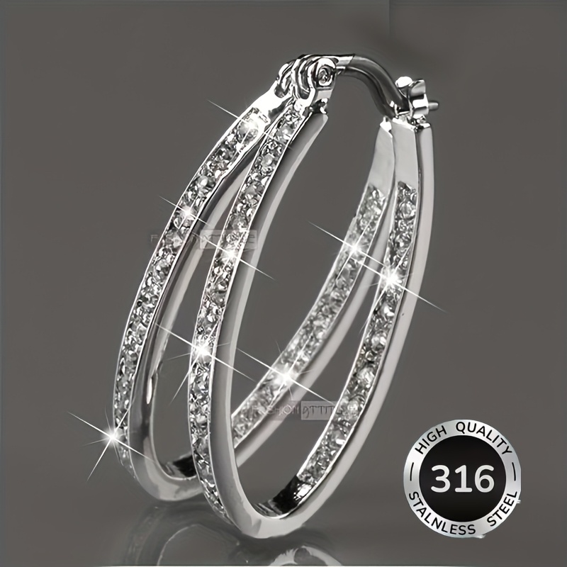 TEMU Elegant Steel Oval Earrings, Light Style, Shiny Jewelry For Women, Suitable For