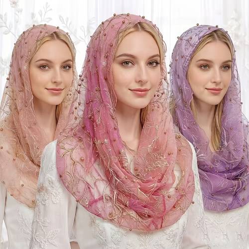 Artikelbild kopftuch aus einfarbigem, besticktem spitzenstoff, als hochzeitshut schal, kirchenmantilla schal und eine elegante brautbedeckung für frauen