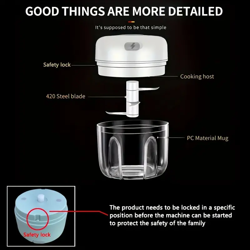 250ml mini rechargeable garlic chopper meat grinder durable and sturdy ideal for garlic peppers onions minced meat Product details 5