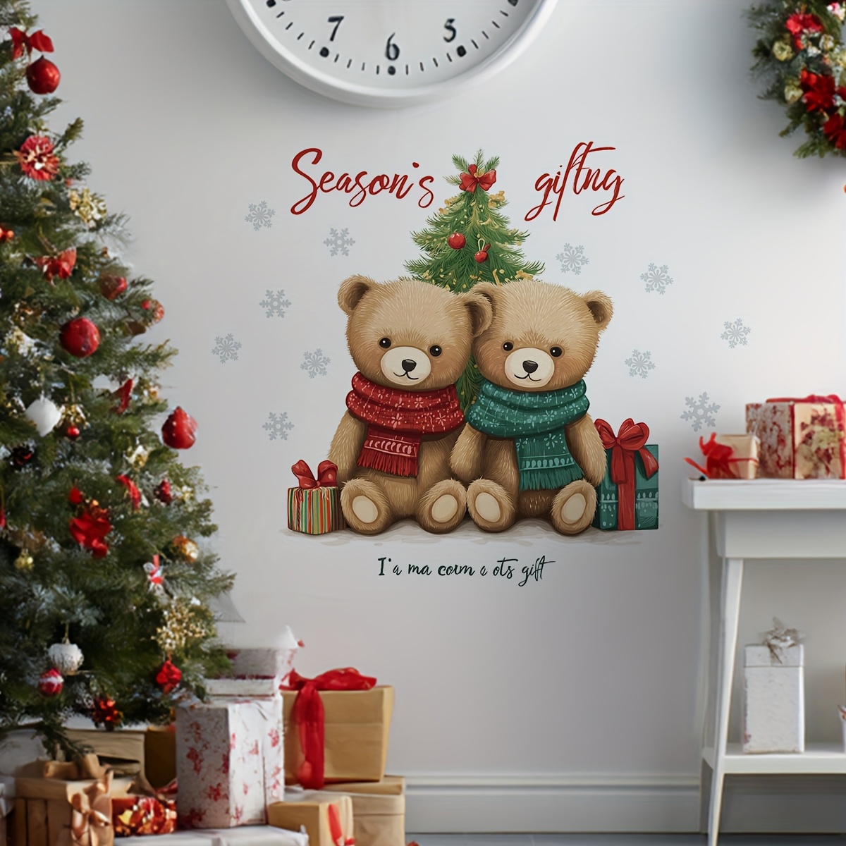 Fengfuhu Christmas Bear Wall Sticker - Festive Teddy   with Scarves & Gifts, Self-  Vinyl Decal for Holiday Wall Decor,  ,   Christmas Trees & Gift Boxes, Holiday Wall Decor | Festive Wall Art |   Sticker, Christmas Decorations