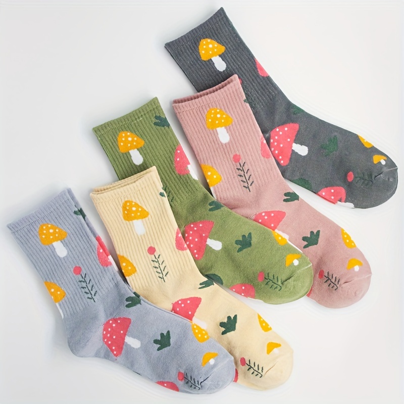 

5 Pairs Floral & Mushroom Print Socks, Cute & Trendy Mid Tube Socks, Women's Stockings & Hosiery