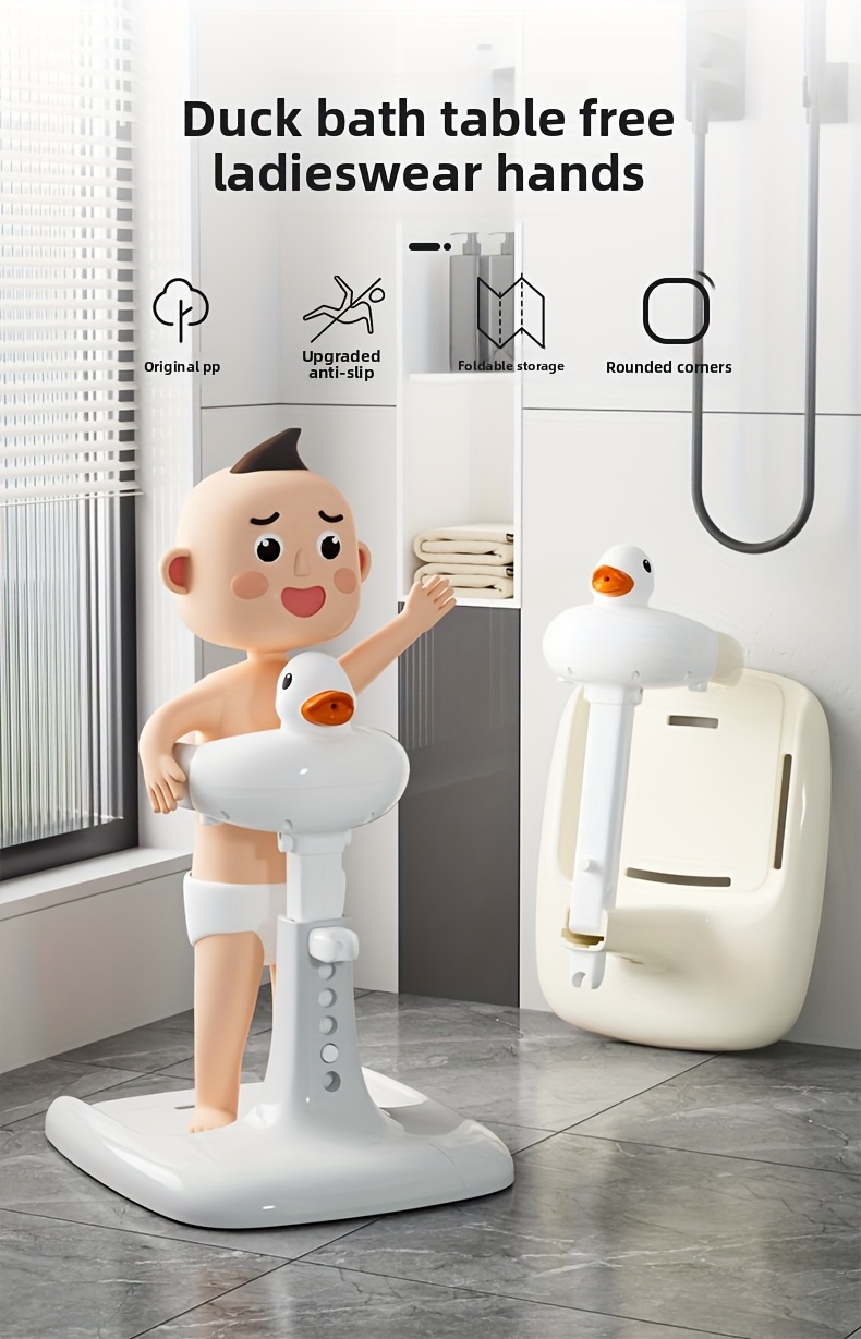 Adjustable and Foldable Bath Stand with Anti-Slip Base, Duck Design, PP Material for Ages 3 to 6 - Safety Bathtime Helper for