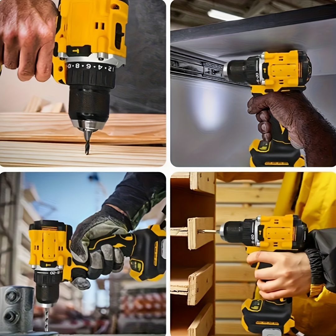 Brushless 3/8" Cordless Electric Drill with LED Work Light and 6 Drill Bits, Battery Not Included, Lightweight Metal Design for Home Renovat
