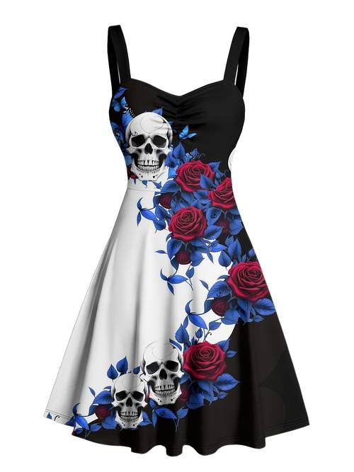 gothic mini dress with a sweetheart neckline featuring a ruched bust and a pattern of monochrome flowers leaves and holidays