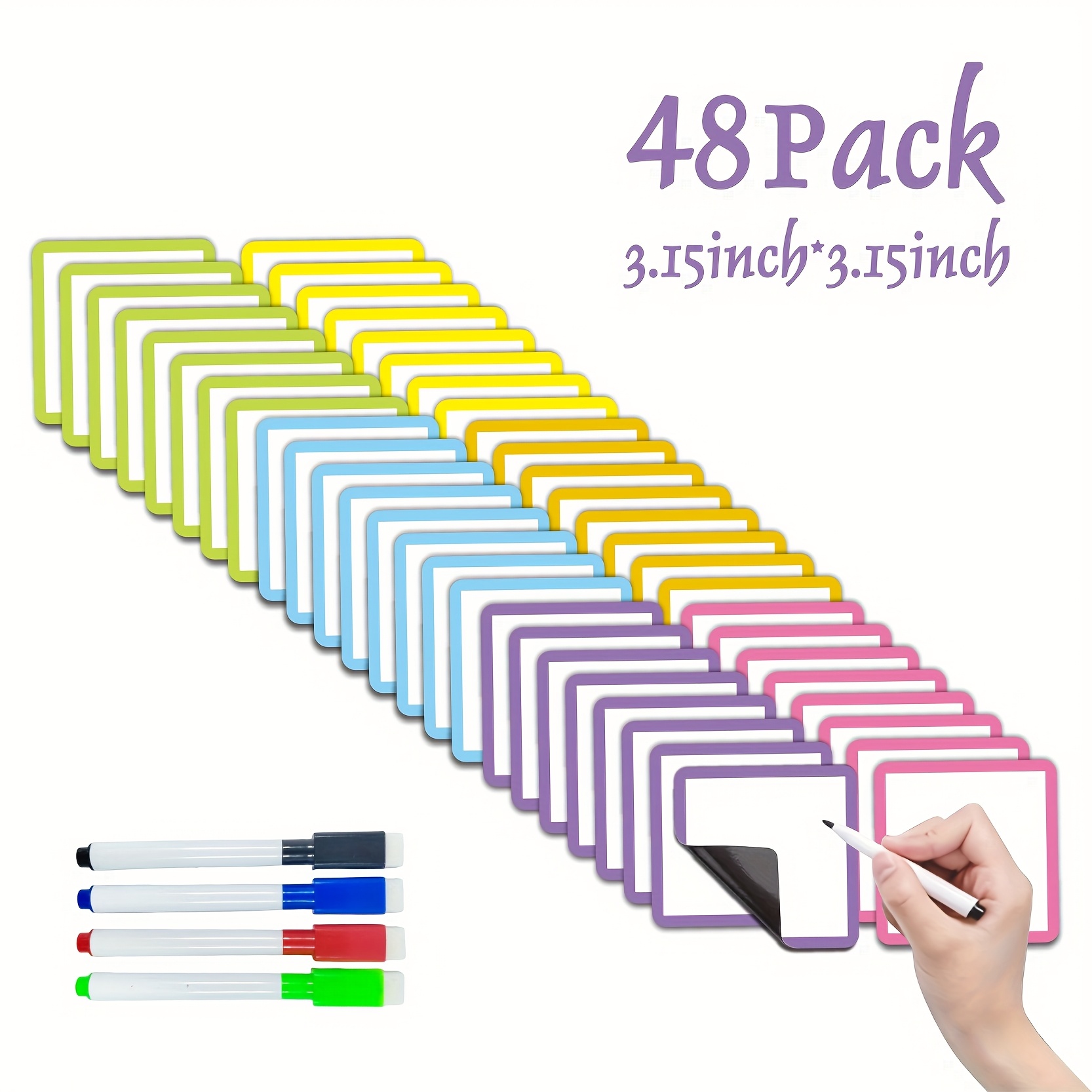 TEMU 48 wiederverwendbare Magnetische Haftnotizen, 3.15x3.15 Zoll, Magnethaftende Whiteboard-Etiketten mit 4 Markern für Kühlschränke, Schränke und