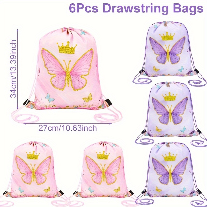 TEMU Lot de 6 sacs à cordon de serrage sur le thème des papillons - Polyester rose et violet, 10.6"x13.4" - Parfait pour les fêtes d'anniversaire, et
