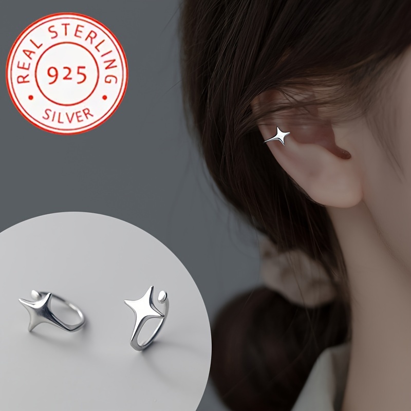 

Sterling Silver 925 Star Design Non-piercing Ear Cuffs - Hypoallergenic Unisex Earrings, Delicate Gift For Women, Wearable Without Ear Holes, Elegant Style, 3g