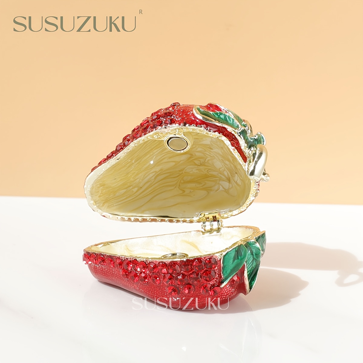 Vintage Strawberry Enamel Jewelry Box, Oval Travel Case