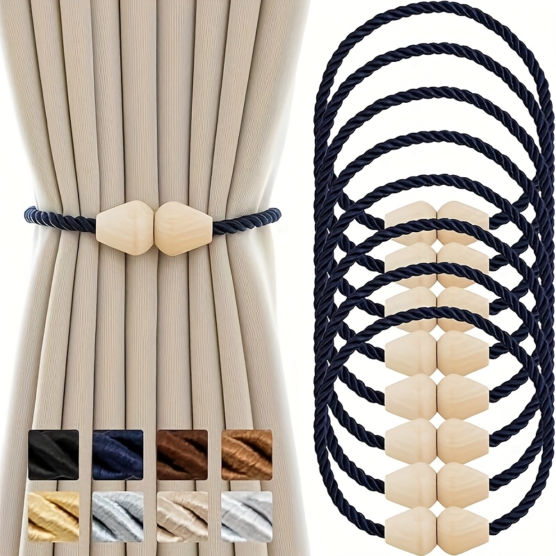 Bohemian Style Wooden Magnetic Curtain Tiebacks, 8pcs Set of Rope Curtain Holdbacks for Handmade Curtains, Multiple Colors Available