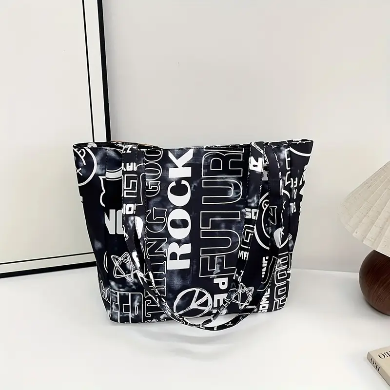 1pc steampunk style oxford cloth tote bag fashion shoulder bag with fixed straps foldable with magnetic closure polyester lined large capacity graffiti letter print shopper details 8