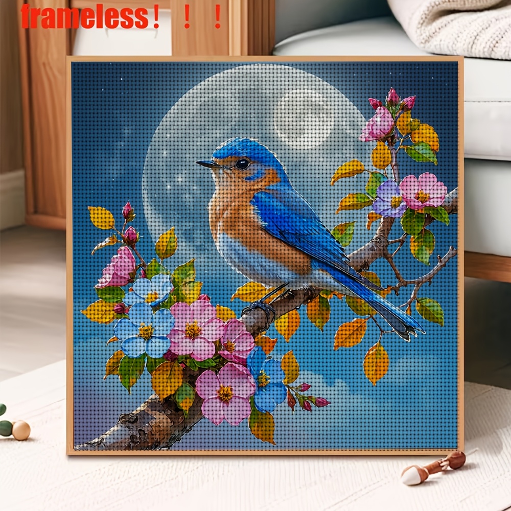 DIY Cross Stitch Printed Kit, Frameless, Blue Bird Perched on a Flowering Branch